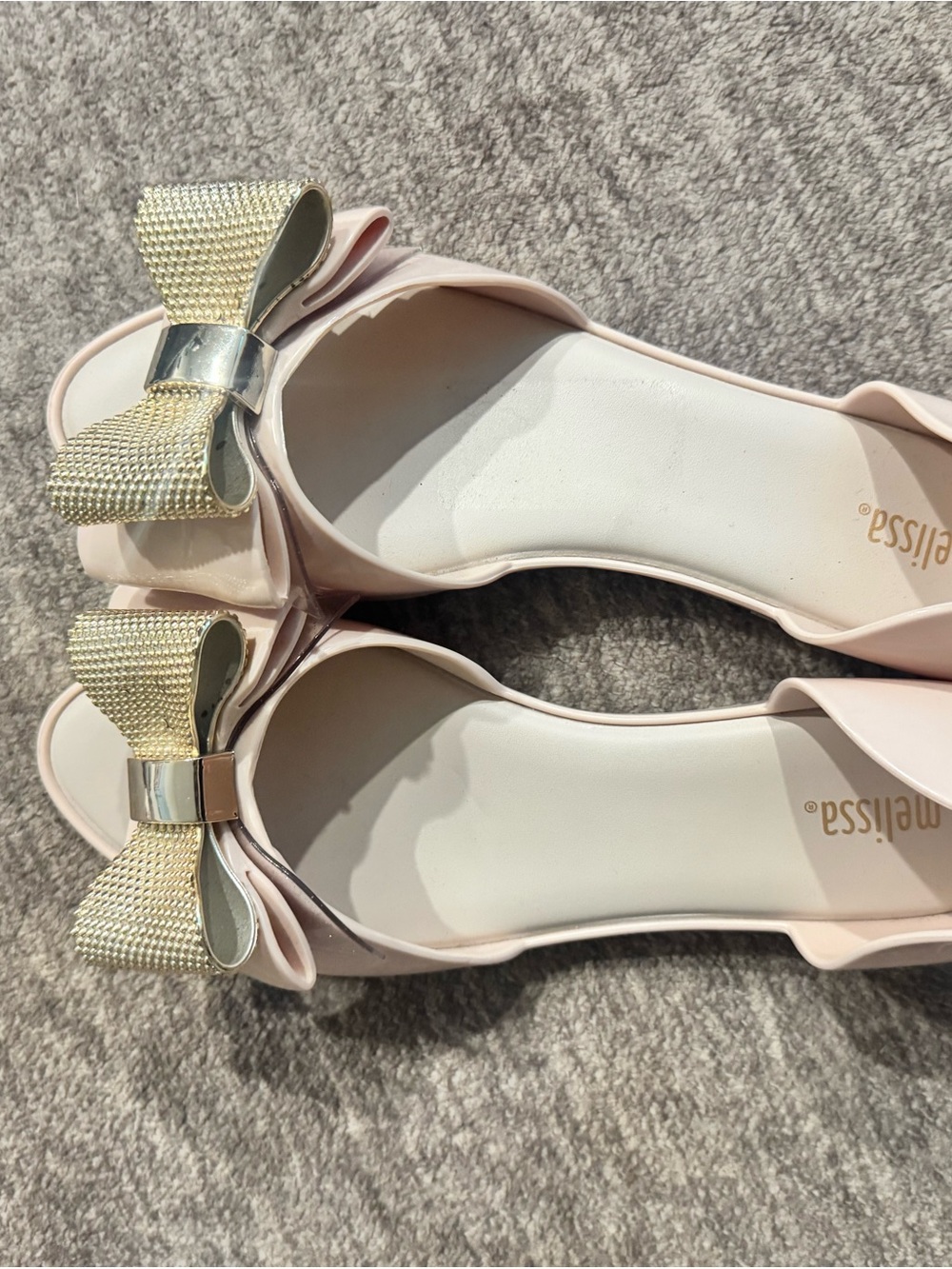 Melissa Pale Pink Flats with Gold Bow Accent